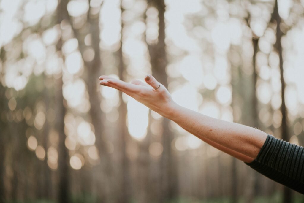 hand in air with trees in the background